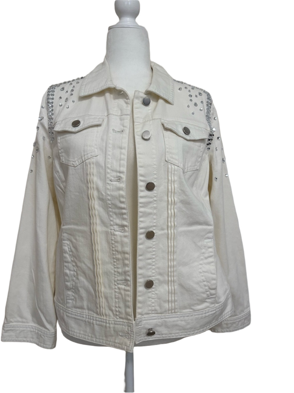 Chico’s Platinum Embellished Off-White/Cream Denim Jacket with 4 Pockets